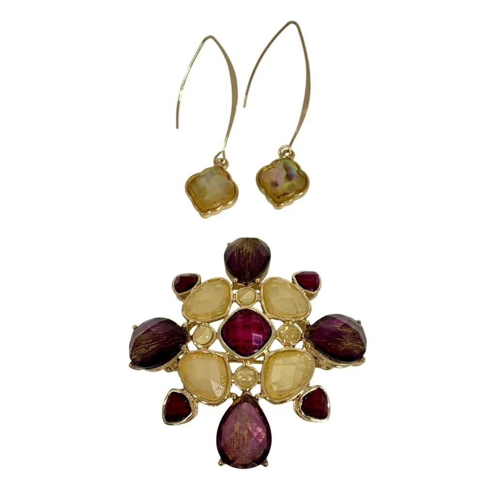 Vintage-Inspired Gold & Gemstone Costume Jewelry Pin Brooch w/ Matching Earrings